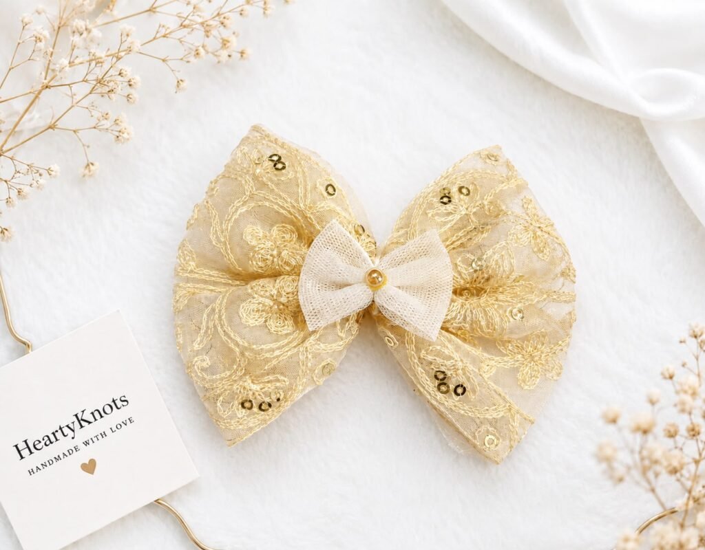 Handmade Golden Embroidered Organza Hair Bow