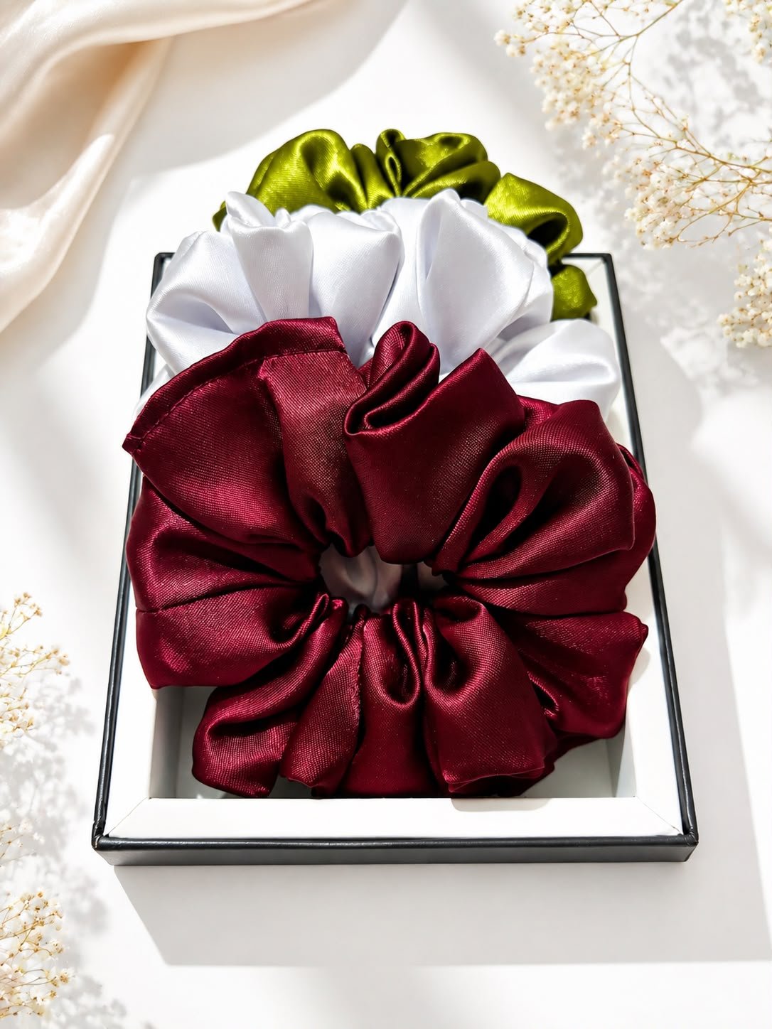 Satin Scrunchie Set ā Burgundy, White & Olive Green