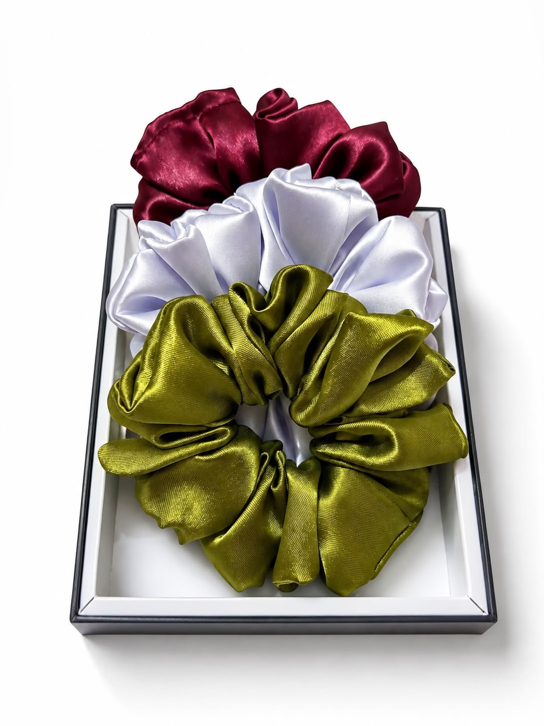 Satin Scrunchie Set ā Burgundy, White & Olive Green - Image 2
